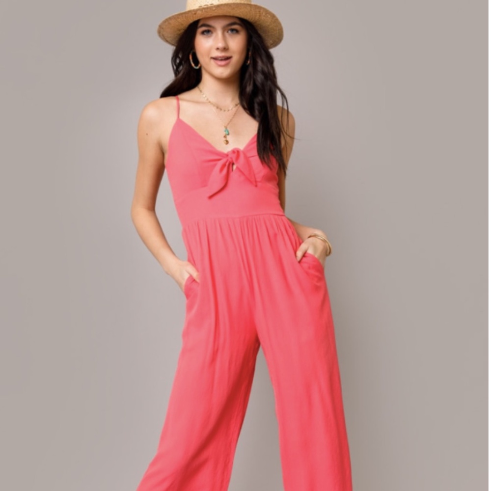 Francesca's Mindy Tie Front Linen Jumpsuit- Size S